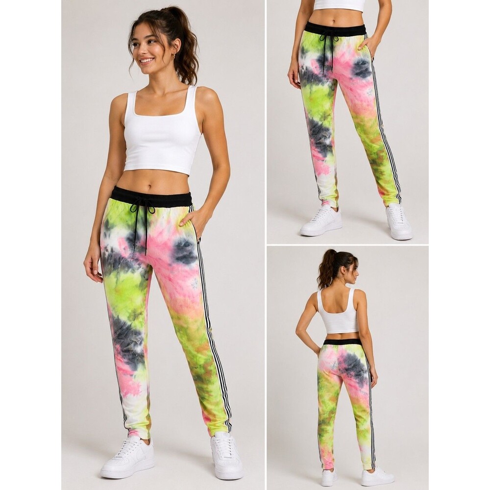 Girls Tie Dye Leggings Side Stripe Athletic Stretch Pants Colorful Activewear L